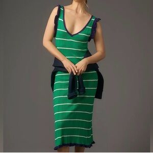 Daily Practice Anthropologie Sweater Midi green striped ruffle dress Sz Medium P